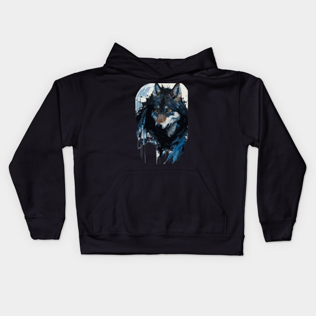 Wolf Howling at the Full Moon in Ink Painting Style Kids Hoodie by diegotorres